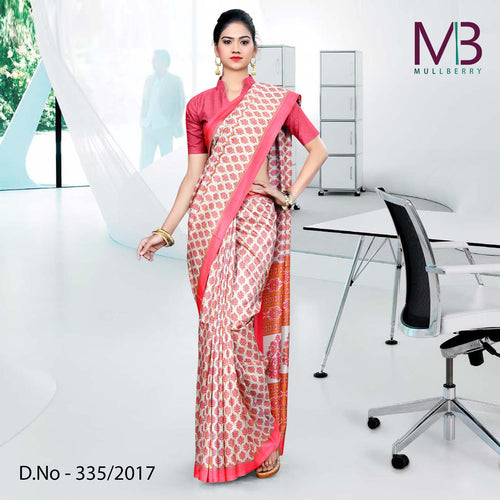 Pink And Cream Mulberry Silk Uniform Saree