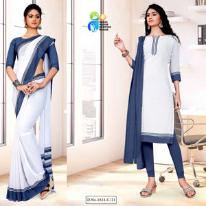 Gray White Premium Georgette Mother Teresa Hospital Uniform Sarees Salwar Combo For Housekeeping Staff