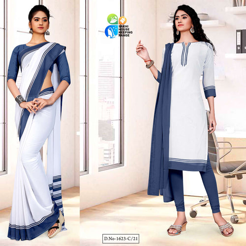 Gray White Premium Georgette Mother Teresa Hospital Uniform Sarees Salwar Combo For Housekeeping Staff