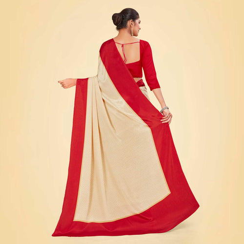 Beige and Maroon Women's Premium Silk Chiffon Plain Gaala Border Factory Uniform Sarees With Blouse Piece