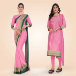 Aqua Green and Crimson Pink Women's Premium Silk Chiffon Small Butty College Uniform Saree Salwar Combo