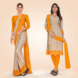 Beige and Yellow Women's Premium Silk Chiffon Small Butty Annual Function Uniform Saree Salwar Combo
