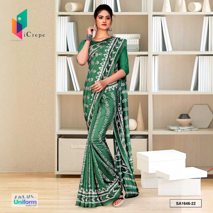 Uniform Sarees Corp Pistachio Women's Premium Silk Crepe Ikat Print Uniform Sarees for Hospital With Blouse Piece