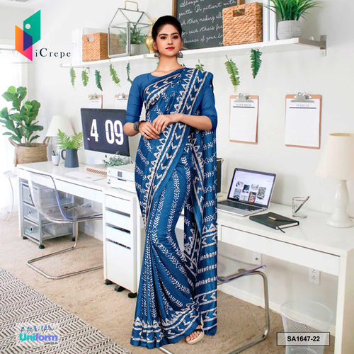 Uniform Sarees Corp Gray Blue Women's Premium Silk Crepe Ikat Print Uniform Sarees for School With Blouse Piece