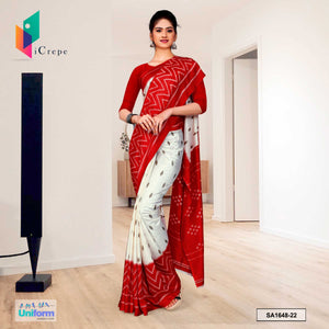 Uniform Sarees Corp Cream and Red Women's Premium Silk Crepe Plain Border Teachers Uniform Sarees With Blouse Piece