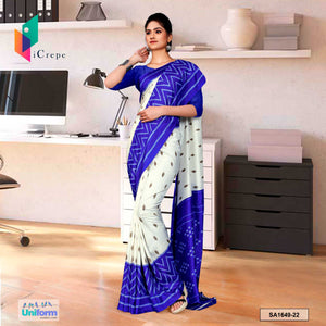 Uniform Sarees Corp Cream and Blue Women's Premium Silk Crepe Plain Border Showroom Uniform Sarees With Blouse Piece