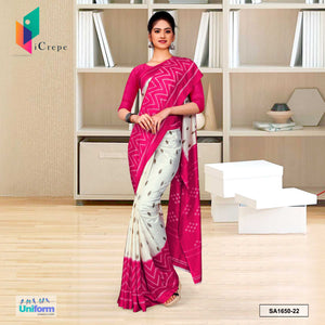 Uniform Sarees Corp Cream and Pink Women's Premium Silk Crepe Plain Border Formal Wear Uniform Sarees With Blouse Piece