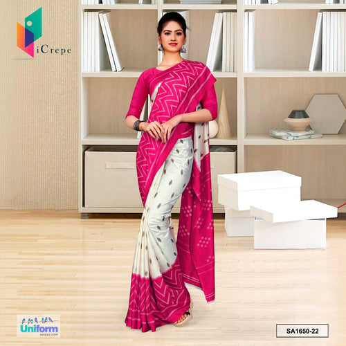 Uniform Sarees Corp Cream and Pink Women's Premium Silk Crepe Plain Border Formal Wear Uniform Sarees With Blouse Piece