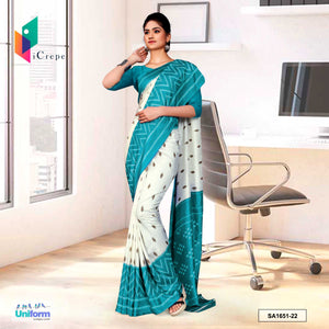 Uniform Sarees Corp Cream and Green Women's Premium Silk Crepe Plain Border Hospital Uniform Sarees With Blouse Piece