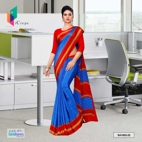 Uniform Sarees Corp Blue and Red Women's Premium Silk Crepe Fancy Print Reliance Jewelry Showroom Uniform Sarees With Blouse Piece
