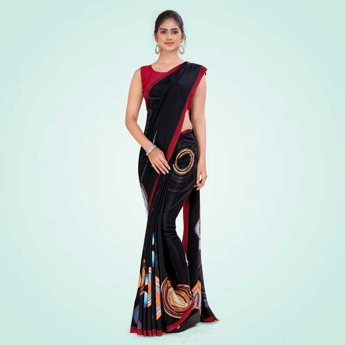 Black and Red Women's Premium Italian Silk Digital Print Air India Uniform Sarees With Blouse Piece