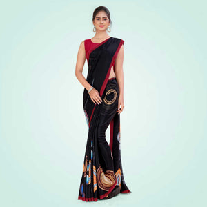 Black and Maroon Women's Premium Italian Silk Digital Print PTM Uniform Sarees With Blouse Piece