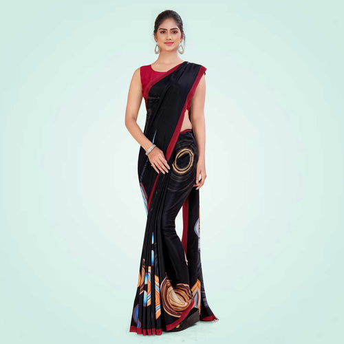 Light Grey and Tomato Red Women's Premium Italian Silk Digital Print Hospital Uniform Sarees With Blouse Piece