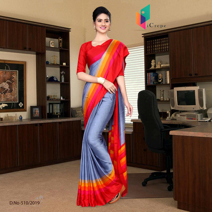 Light Blue And Red Italian Crepe Silk Handloom Uniform Saree