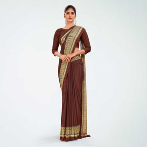 Brown and Beige Women's Premium Italian Silk Plain Gaala Border Teachers Uniform Saree