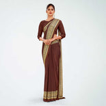 Navy Blue and Beige Women's Premium Italian Silk Plain Gaala Border Students Uniform Saree