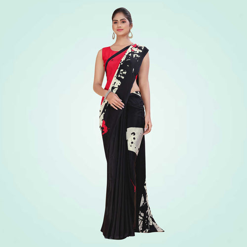 Black and Red Women's Premium Italian Silk Digital Print Air India Uniform Sarees With Blouse Piece