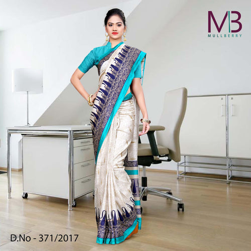 Cream With Blue Border Mulberry Silk Uniform Saree