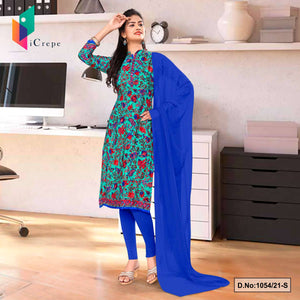Sea Green Blue Women's Premium Italian Silk Crepe Flower Print Receptionist Uniform Salwar Kameez