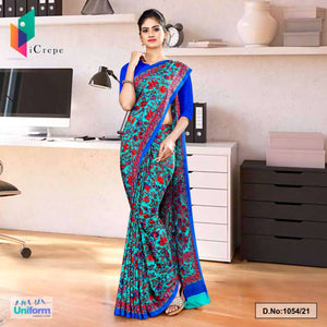 Sea Green Blue Flower Print Premium Italian Silk Crepe Uniform Sarees For Receptionist