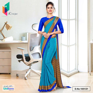 Sea Green Blue Paisley Print Premium Italian Silk Crepe Uniform Sarees For Corporate Employees