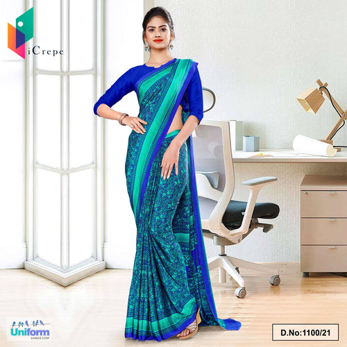 Sea Green Blue Paisley Print Premium Italian Silk Crepe Uniform Sarees For Office Wear