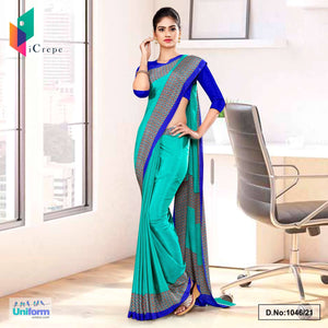 Sea Green Blue Premium Italian Silk Crepe Uniform Sarees For Hospital Staff