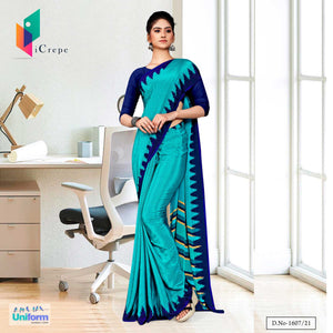 Sea Green Navy Blue Premium Italian Silk Crepe Saree For Staff Uniform Sarees