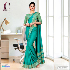 Sea Green Plain Border Premium Polycotton Cotfeel Saree For Student Uniform Sarees