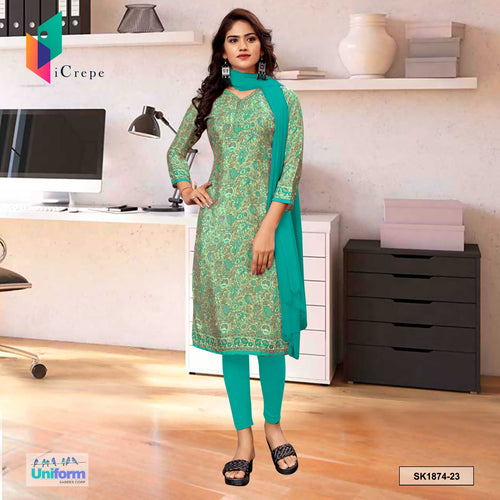 Sea Green Women's Premium Silk Crepe Floral Print Front Office Uniform Salwar Kameez