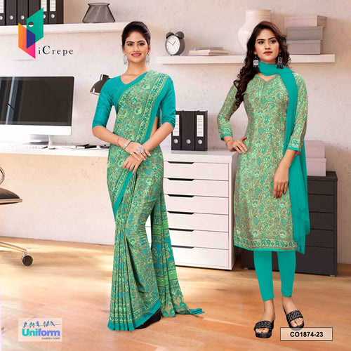 Sea Green Women's Premium Silk Crepe Floral Print Front Office Uniform Saree Salwar Combo