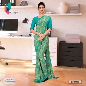 Sea Green Women's Premium Silk Crepe Floral Print Front Office Uniform Sarees With Blouse Piece