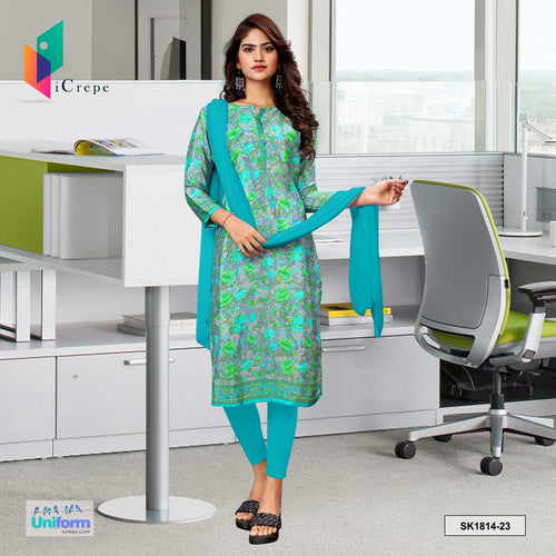 Sea Green Women's Premium Silk Crepe Floral Print Jewellery Showroom Uniform Salwar Kameez