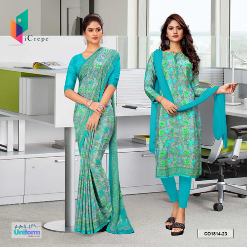 Sea Green Women's Premium Silk Crepe Floral Print Jewellery Showroom Uniform Saree Salwar Combo