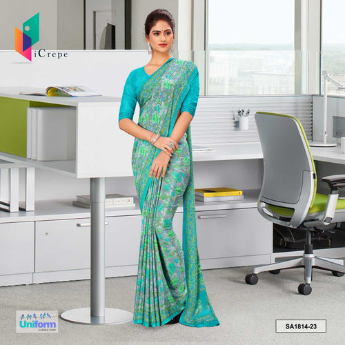 Sea Green Women's Premium Silk Crepe Floral Print Jewellery Showroom Uniform Sarees With Blouse Piece