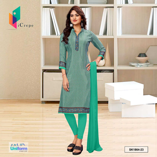 Sea Green Women's Premium Silk Crepe Small Print Traditional College Uniform Salwar Kameez