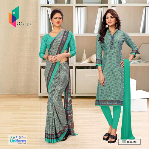 Sea Green Women's Premium Silk Crepe Small Print Traditional College Uniform Saree Salwar Combo