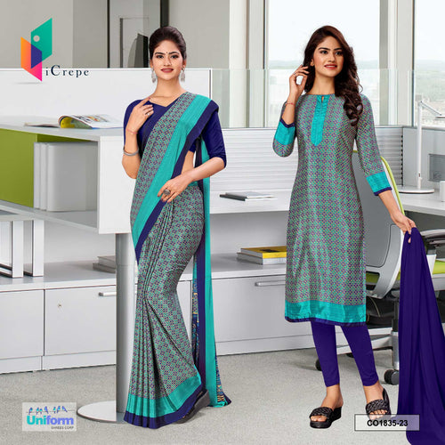 Sea Green and Navy Blue Women's Premium Italian Silk Small Print Uniform Saree Salwar Combo for Hotels