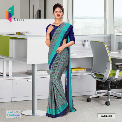Sea Green and Navy Blue Women's Premium Italian Silk Small Print Uniform Sarees With Blouse Piece for Hotels