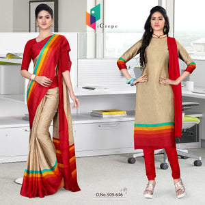 Beige and Red Women's Premium Silk Chiffon Plain Gala Border School Uniform Sarees Salwar Combo