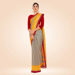 Beige and Maroon Women's Premium Manipuri Cotton Plain Gaala Border Institution Uniform Saree