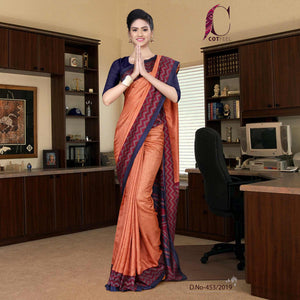 Orange And Navy Blue Tripura Cotton School Uniform Saree