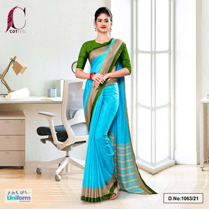 Sky Blue Bottle Green Plain Border Premium Polycotton Cotfeel Saree For Receptionist Uniform Sarees