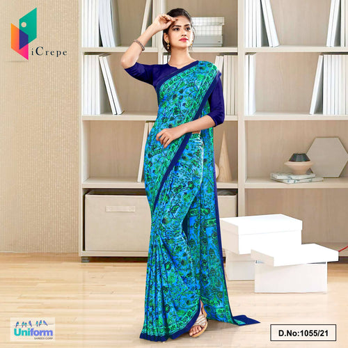 Sky Blue Navy Blue Flower Print Premium Italian Silk Crepe Uniform Sarees For Industrial Employees