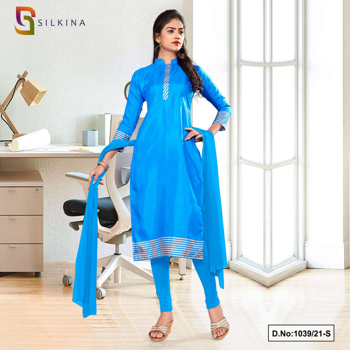 Sky Blue Plain Border Premium Polycotton Raw Silk Salwar Kameez For Hotel Uniform Sarees