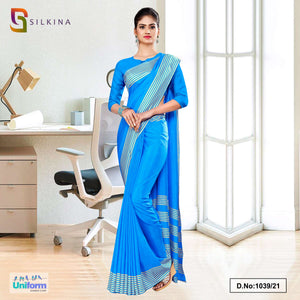 Sky Blue Plain Border Premium Polycotton Raw Silk Saree For Hotel Uniform Sarees