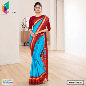 Sky Blue Red Premium Italian Silk Crepe Uniform Sarees For Hospital Staff