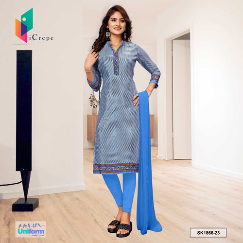 Sky Blue Women's Premium Silk Crepe Small Print Traditional Hospital Uniform Salwar Kameez