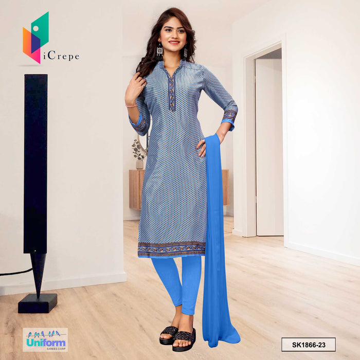 Sky Blue Women's Premium Silk Crepe Small Print Traditional Hospital Uniform Salwar Kameez