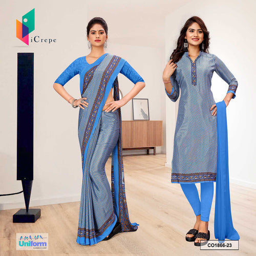 Sky Blue Women's Premium Silk Crepe Small Print Traditional Hospital Uniform Saree Salwar Combo